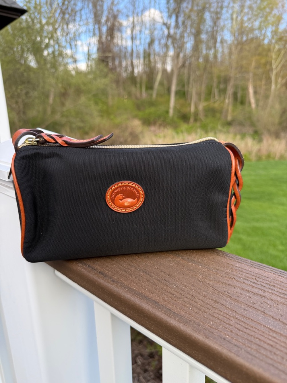 Dooney & Bourke Black and Tan Canvas Zip Mini Barrel Bag